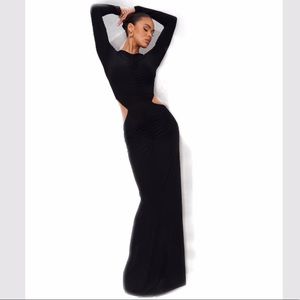 Black long ruched dress with cut outs . NWT
